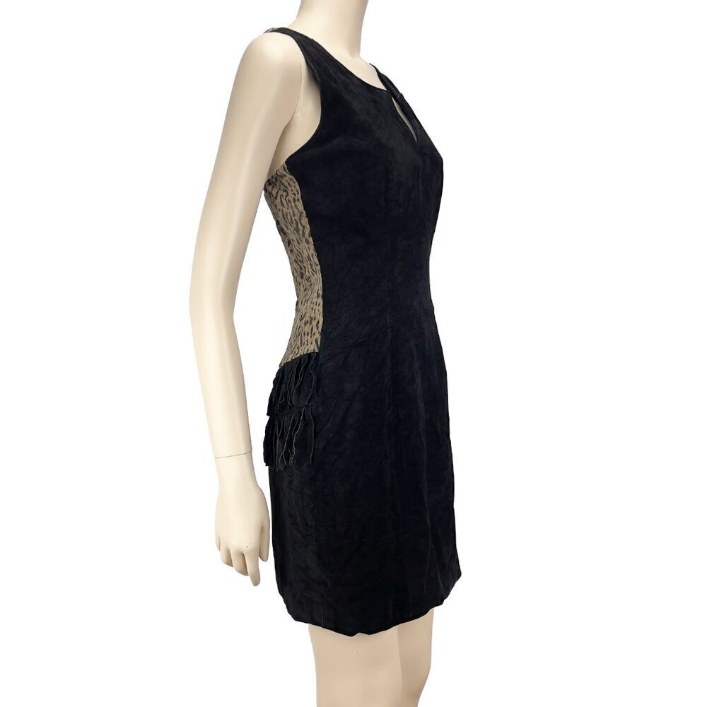 CHIA 90’s VTG Leopard Back Suede Bold Dropwaist Fringes Party 80’s Mini Dress 10
